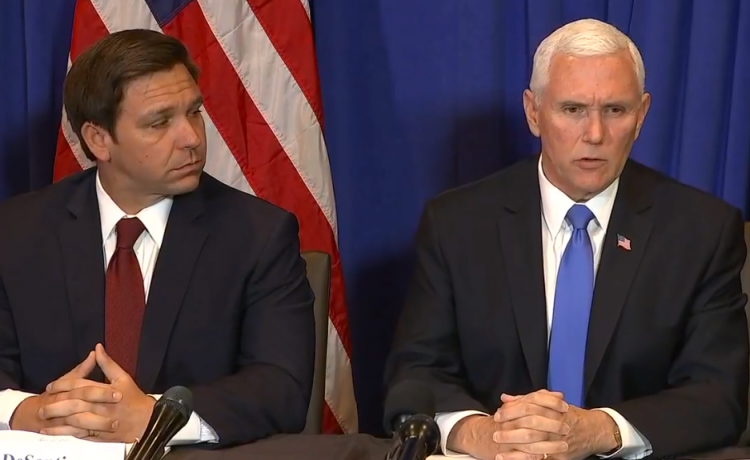 El gobernador Ron DeSantis y el vicepresidente Mike Pence, sostuvieron el viernes para discutir el plan del estado para hacer frente a un posible brote de coronavirus. Foto: wsvn.com