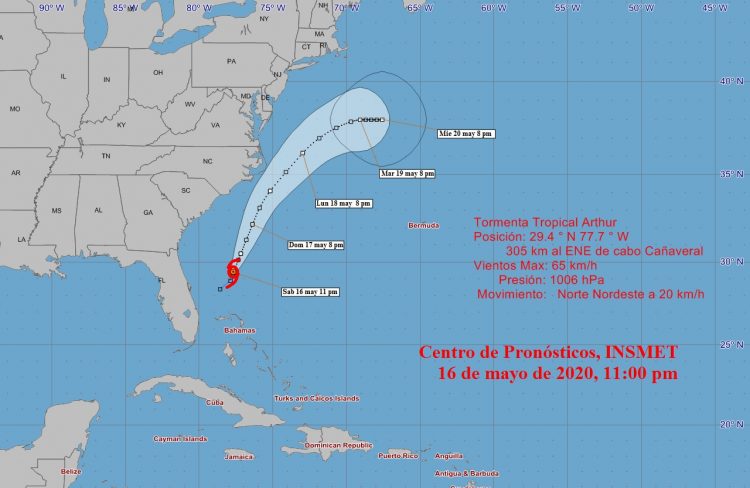 Se espera que en las próximas 12 a 24 horas la tormenta tropical continuará ganando algo más en organización e intensidad, se mueva con similar rumbo y con poco cambio en velocidad de traslación, para desplazarse por aguas del Saco de Charleston. Imagen: Instituto de Meteorología de Cuba