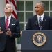 En esta foto de archivo del 9 de noviembre de 2016, el entonces vicepresidente Joe Biden eleva la vista mientras el presidente Barack Obama habla en el rosedal de la Casa Blanca, Washington. Foto: AP/Pablo Martinez Monsivais.