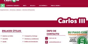 Captura de pantalla del sitio de la tienda virtual cubana Carlos III, en la plataforma de comercio electrónico TuEnvío, de la corporación estatal cubana Cimex.