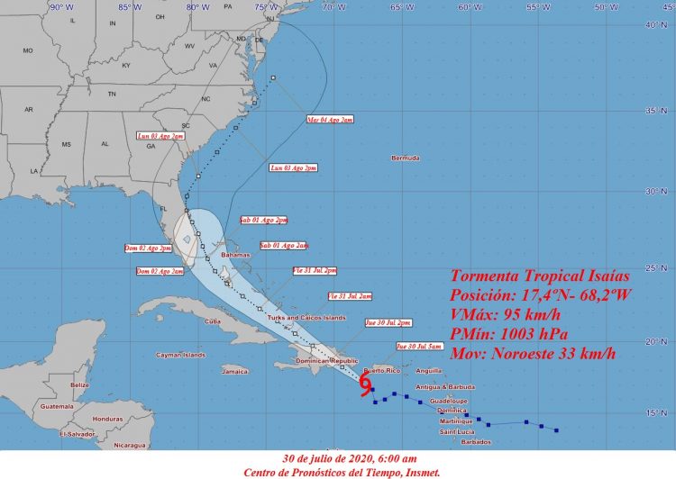 Imagen sobre la posible trayectoria de Isaías, realizada por el Insmet.