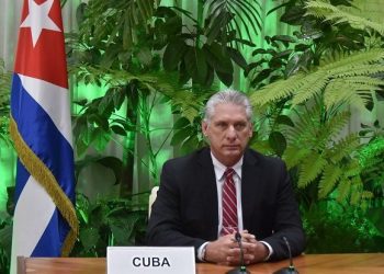 El presidente cubano Miguel Díaz-Canel durante su intervención en una cumbre virtual de la Organización Internacional del Trabajo (OIT), el 8 de julio de 2020. Foto: Cubadebate.