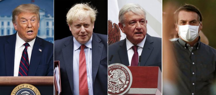 Esta imagen combinada muestra de izquierda a derecha al presidente de Estados Unidos, Donald J. Trump; el primer ministro británico, Boris Johnson; el presidente de México, Andrés Manuel López Obrador y el presidente de Brasil, Jair Bolsonaro. Los países que lideran las tablas de muertos por COVID-19 en todo el mundo no son los más pobres, ni los más ricos, ni siquiera los más densamente poblados. Pero tienen una cosa en común: líderes populistas y poco convencionales. Foto: AP.