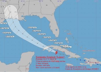 Cono de la posible trayectoria de la tormenta tropical Laura, al mediodía del 24 de agosto de 2020. Infografía: Instituto de Meteorología de Cuba.