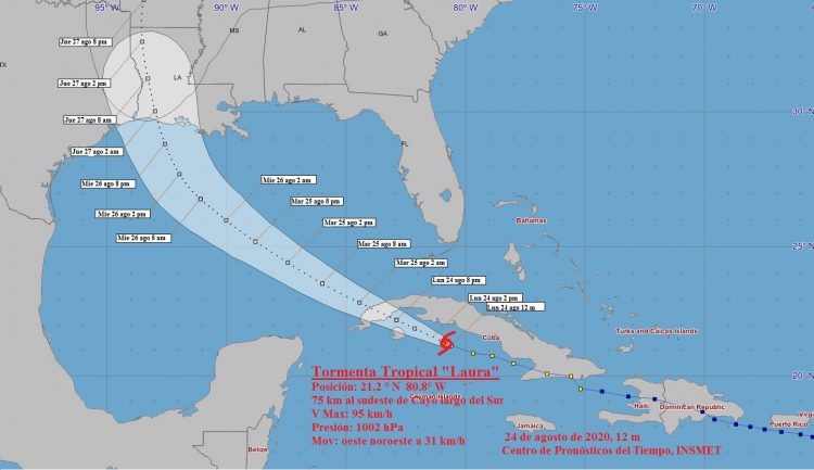 Cono de la posible trayectoria de la tormenta tropical Laura, al mediodía del 24 de agosto de 2020. Infografía: Instituto de Meteorología de Cuba.