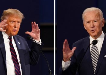 Combinación de fotos del presidente Donald Trump y del exvicepresidente Joe Biden durante su primer debate hacia las elecciones presidenciales de noviembre, el martes 29 de septiembre de 2020, en Cleveland, Ohio. Foto: Patrick Semansky/AP.