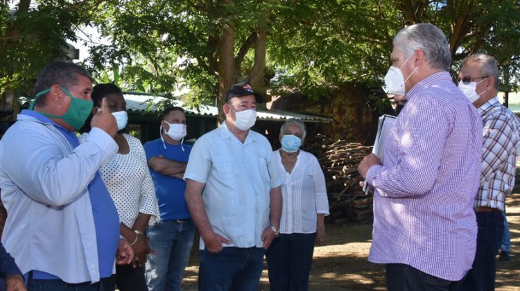 El presidente cubano Miguel Díaz-Canel (2-d) junto a autoridades de Santiago de Cuba y trabajadores de una finca integral de esa provincia, durante un recorrido gubernamental al territorio santiaguero, el primero durante la desescalada post COVID-19. Foto: ACN.