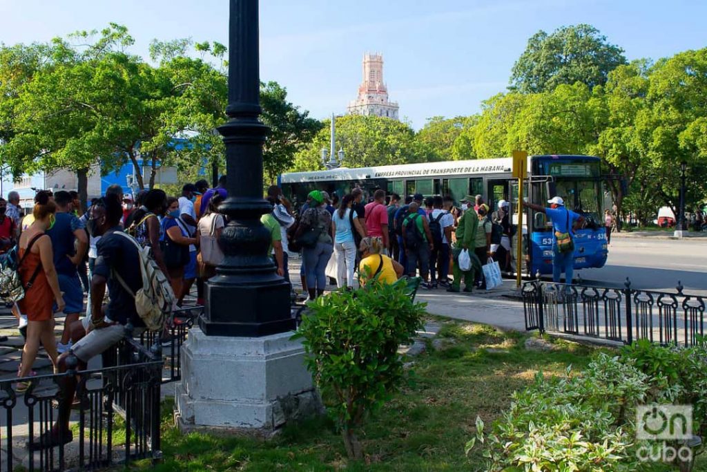 Personas en una parada de ómnibus urbanos en el Parque de la Fraternidad, en La Habana. Foto: Otmaro Rodríguez.