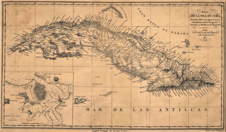 Mapa de Cuba compuesto por los estudios de Alejandro de Humboldt. Imagen de bdh.bne.es