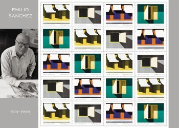 Fotografía cedida por el Servicio Postal de Estados Unidos (USPS) donde se aprecia una hoja de 20 estampillas, de 55 centavos de dólar cada una, que muestra creaciones arquitectónicas del artista cubano-estadounidense Emilio Sánchez (1921-1999) tituladas "Los Toldos" (1973), "Ty's Place" (1976), "En el Souk" (1972) y "Untitled (Ventanita abierta)" (1981). Foto: EFE/USPS.