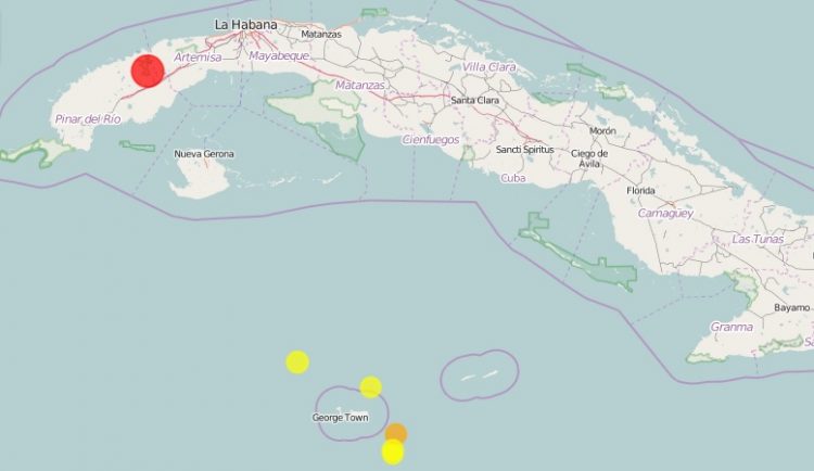 En rojo, localización del sismo ocurrido en la mañana del martes 29 de junio de 2021 en la provincia cubana de Artemisa. Imagen: reportó el Centro Nacional de Investigaciones Sismológicas de Cuba (Cenais).