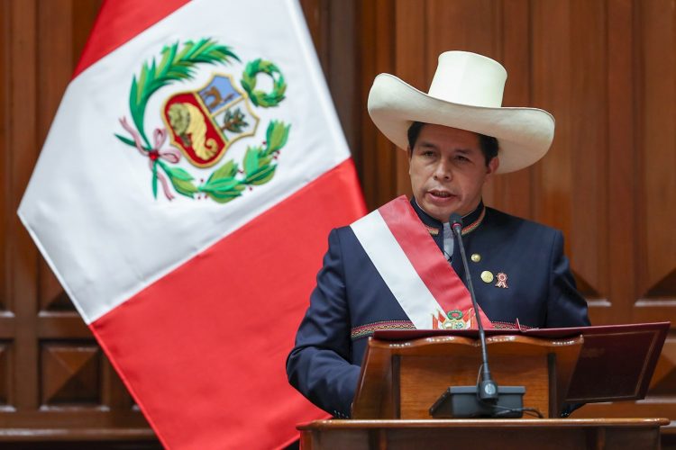 Pedro Castillo habla durante la ceremonia de toma de posesión como nuevo presidente de Perú, en Lima, el 28 de julio de 2021. Foto: Cortesía Congreso de Perú / Luis Enrique Saldana / EFE.