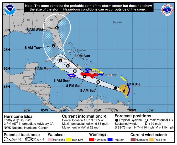 Gráfico del cono de posible trayectoria del huracán Elsa. Imagen: nhc.noaa.gov