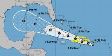 Cono de posible trayectoria de la tormenta Grace, debilitada a depresión tropical, en la tarde del 15 de agosto de 2021. Gráfico: National Hurricane Center.