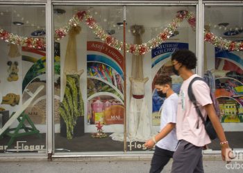 Vidriera de una tienda en La Habana adornada con motivos navideños. Foto: Otmaro Rodríguez.