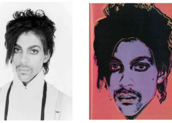 Fotografía de Goldsmith (izquierda) y uno de los retratos de la serie que Warhol dedicó a Prince. The New Republic.