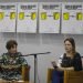 María Elena Vinueza (i), directora de música de Casa de las AmérIcas, habla junto a Carmen Soto (d), especialista de música, durante la conferencia de prensa del Premio y Coloquio de Musicología 2022, en La Habana, el 2 de marzo de 2022. Foto: Yander Zamora / EFE.