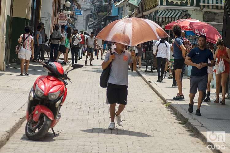 Un hombre se protege del sol con una sombrilla, en la calle Obispo de La Habana. Foto: Otmaro Rodríguez.