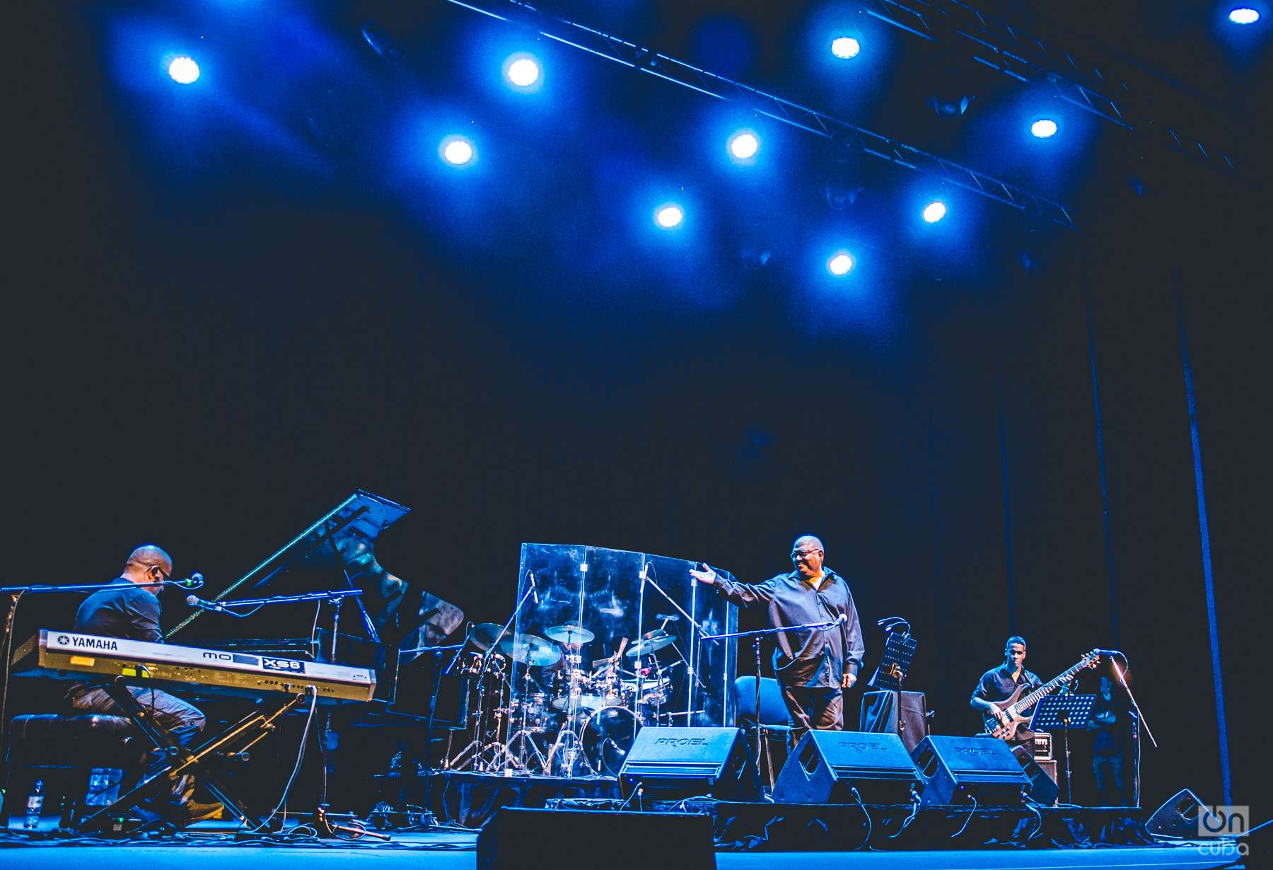 Pablo Milanés y su grupo en concierto. Foto: Kaloian.