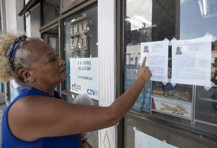 Una mujer lee las biografías de los delegados locales del Poder Popular a presentarse en las próximas elecciones del 27 de noviembre en Cuba. Foto: Yander Zamora / EFE.