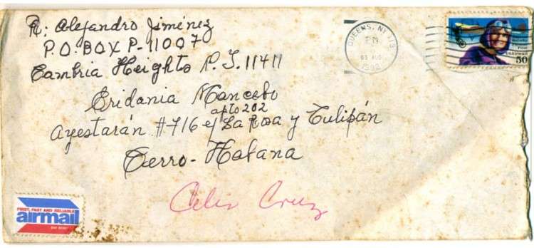 Sobre original donde fue enviada la carta de Celia Cruz a Eridania Mancebo.