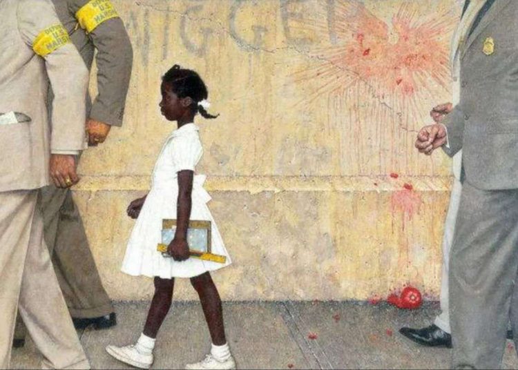 "El problema con el que todos vivimos"(1964) de Norman Rockwell. Representa a Ruby Bridges, una niña afroamericana de seis años, camino a una escuela pública para blancos en Nueva Orleans el 14 de noviembre de 1960, escoltada por agentes del FBI.