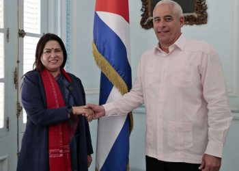 El ministro interino de Relaciones Exteriores de Cuba Gerardo Peñalver Portal recibe en la Cancillería cubana a la Ministra de Estado para Asuntos Exteriores de India, Meenakashi Lekhi (i), durante su visita oficial a la isla. Foto: Ernesto Mastrascusa / EFE.