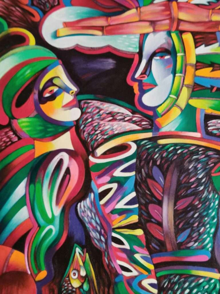 “El caballero manco, el pez y la deidad insular”, 2019. Acrílico sobre lienzo, 61 x 50 cm.