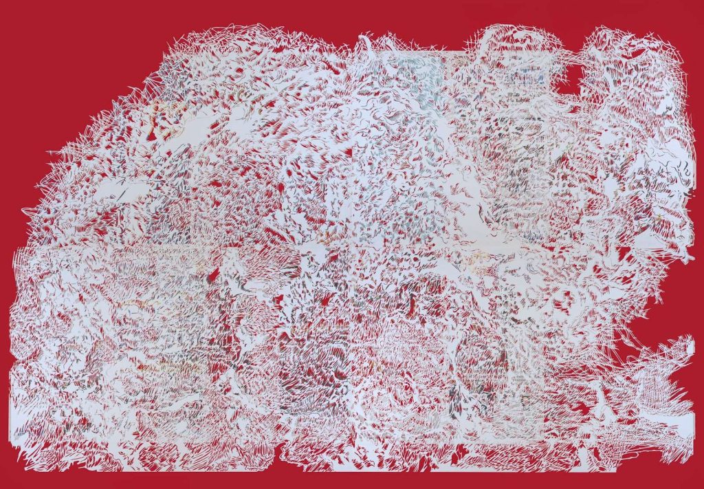 “Pequeña inmensidad”, 2014. De la serie “Límites”. Papel y papel periódico calado sobre cartulina, 140 x 200 cm.
