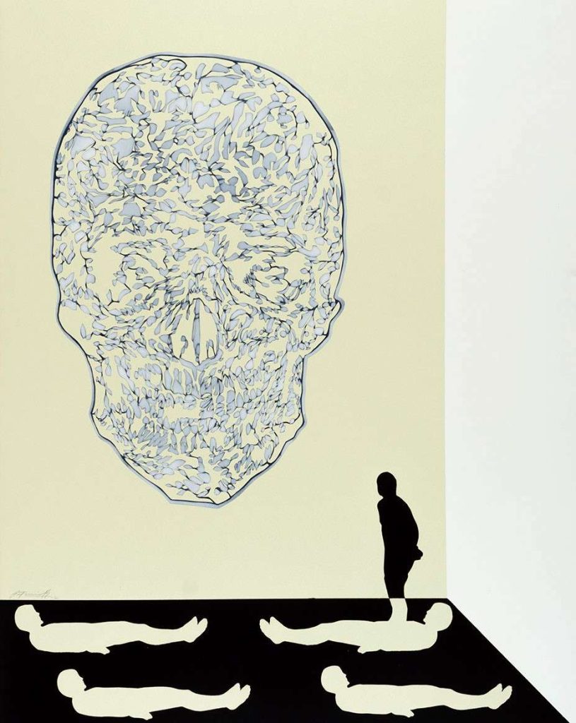 “Calaca III”, 2012. De la serie “La exposición de las calacas”. Mixta y papel calado sobre cartulina, 81 x 64 cm.
