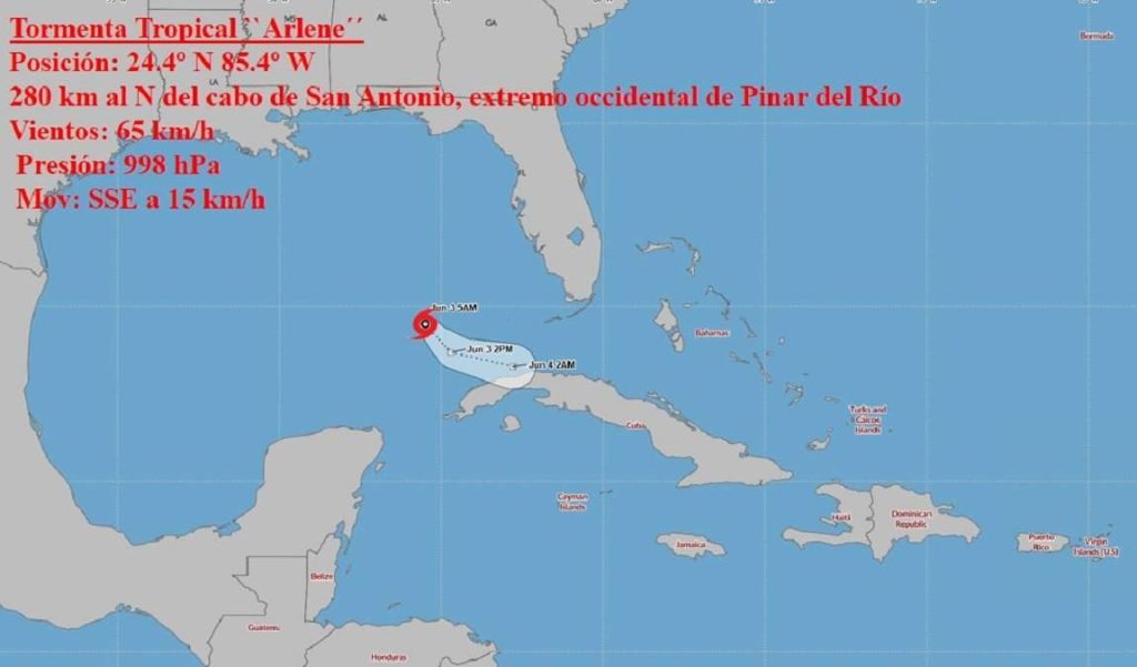 Cono de trayectoria de la tormenta tropical Arlene. Imagen: Instituto de Meteorología de Cuba.