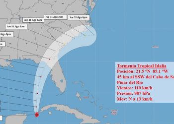 Cono de trayectoria pronosticado para la tormenta tropical Idalia. Gráfico: Instituto de Meteorología de Cuba.