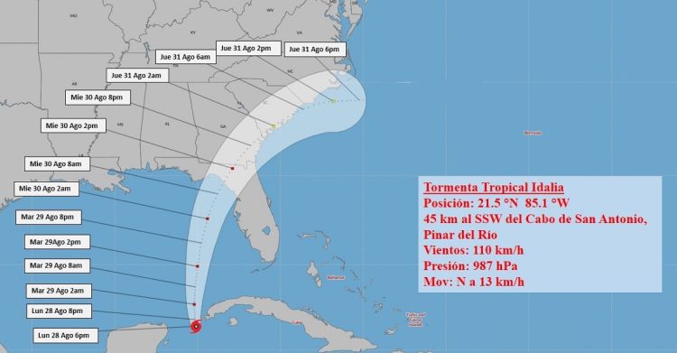 Cono de trayectoria pronosticado para la tormenta tropical Idalia. Gráfico: Instituto de Meteorología de Cuba.