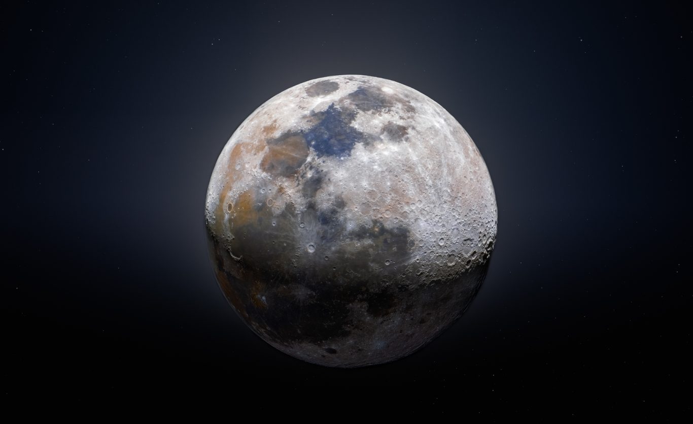 Luna mineral: Mosaico en alta resolución de la Luna. Aplicando capas de saturación se obtienen los colores presentes en la superficie que corresponden a distintos metales y minerales en el suelo lunar. Foto Franco Meconi.