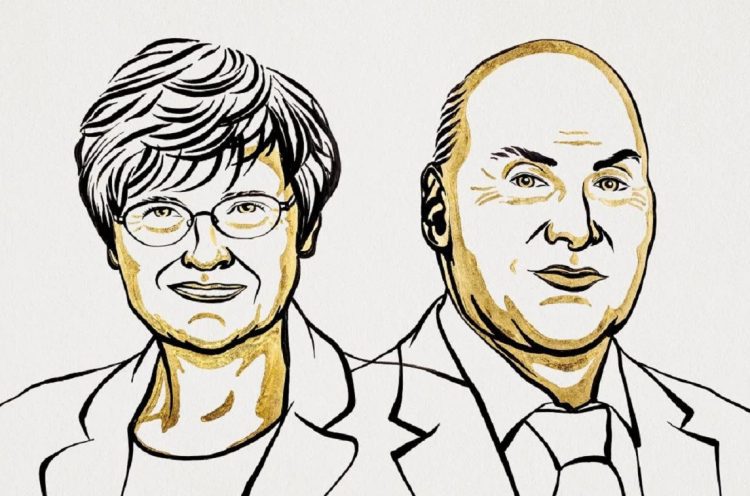 Retrato de la bioquímica hungaroestadounidense Katalin Karikó y del inmunólogo estadounidense Drew Weissmann. Imagen: @NobelPrize