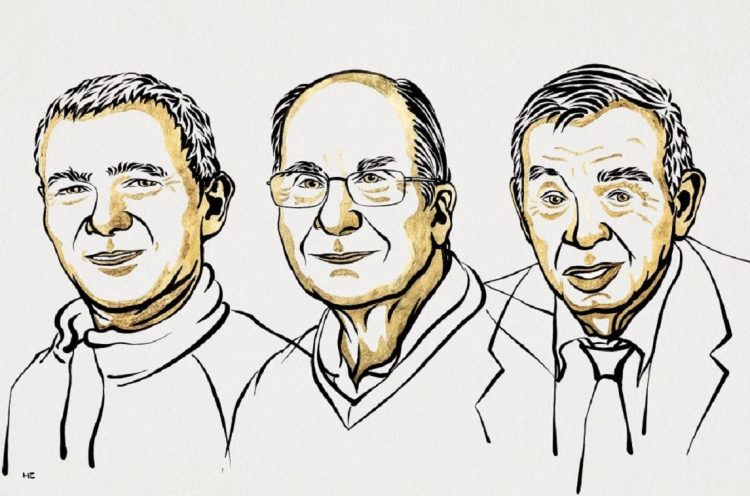 El francés Moungi G. Bawendi y los estadounidenses Louis E. Brus y Alexei I. Ekimov. Retratos: @NobelPrize.