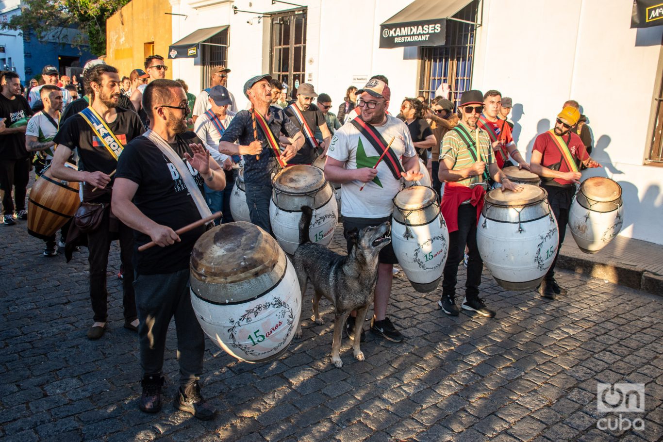 A ritmo de candombe recorrimos algunas calles del barrio histórico de Colonia de Sacramento. Un perrito se sumó a la festividad. Foto: Kaloian.