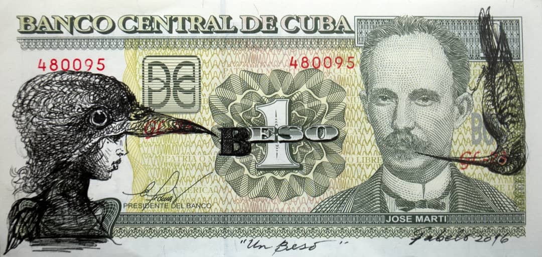 Roberto Fabelo. “Un beso”, 2016. Billete del Banco Central de Cuba y tinta. (De la colección “Billetes”)
