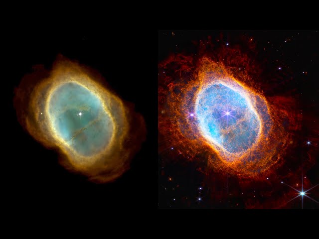 La muerte de una estrella captada por el Hubble (izquierda) y por el Webb. La diferencia de resolución es enorme. Foto: NASA.