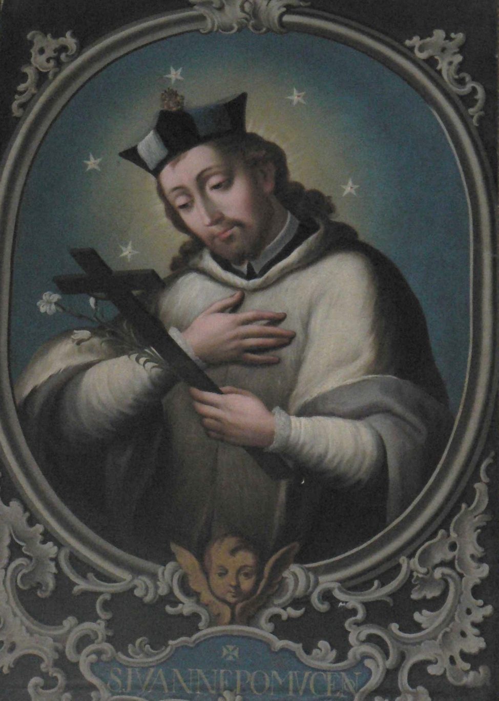 “San Juan Nepomuceno”, segunda mitad del siglo XVIII. Óleo sobre tela. Colección de la Catedral de Santiago de Cuba.