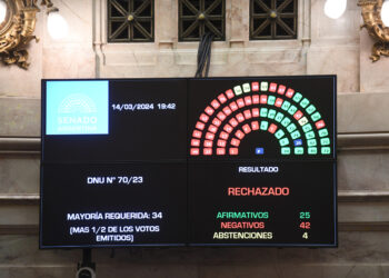 Monitor ubicado en el recinto del Senado de Argentina durante La Sesión Pública Especial este jueves en Buenos Aires. Foto: Gabriel Cano/Comunicación Senado/EFE.