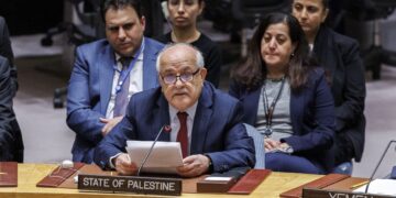 El embajador de Palestina en la ONU, Riyad Mansour, durante una sesión del Consejo de Seguridad en Nueva York. Foto: Sarah Yenesel / EFE.