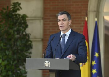 Pedro Sánchez durante la declaración institucional en el Palacio de la Moncloa, sobre el reciente reconocimiento de Palestina por España. Foto: Borja Puig De La Bellacasa/Moncloa/EFE.