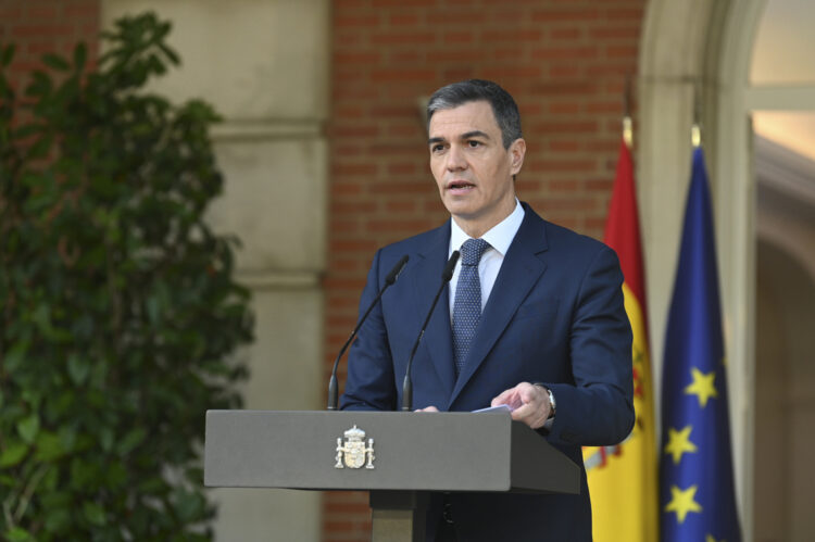 Pedro Sánchez durante la declaración institucional en el Palacio de la Moncloa, sobre el reciente reconocimiento de Palestina por España. Foto: Borja Puig De La Bellacasa/Moncloa/EFE.