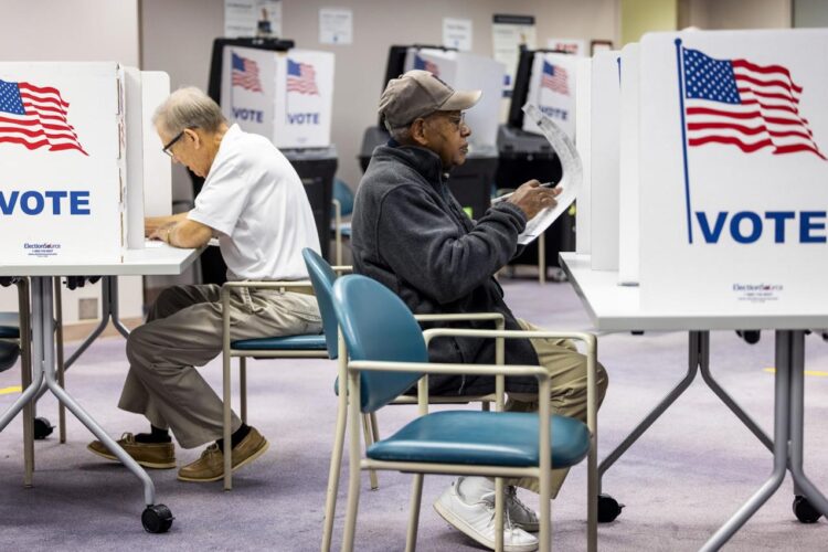 Votantes del condado de Fairfax, en Virginia, ejercen de manera adelantada su derecho al voto para las elecciones presidenciales de 2024. Foto: Shawn Thew / EFE.