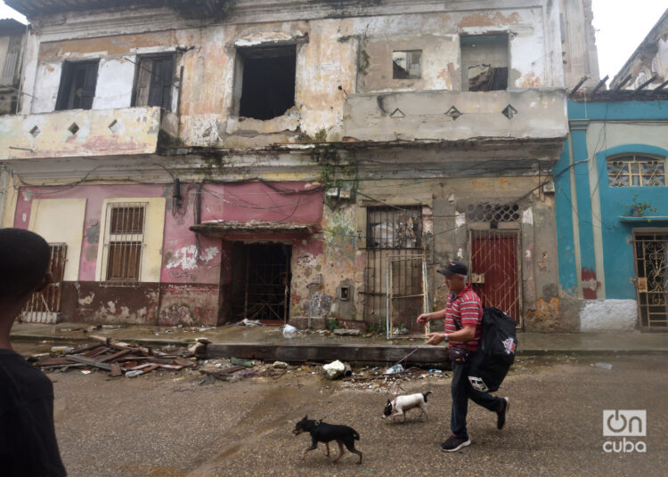 Un hombre transita con sus mascotas por Centro Habana, un día después del azote del huracán Rafael. Foto: Otmaro Rodríguez.