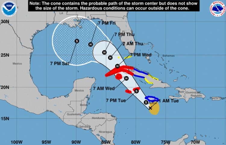 Cono de la probable trayectoria de la tormenta tropical Rafael. Gráfico: Centro Nacional de Huracanes de Estados Unidos.