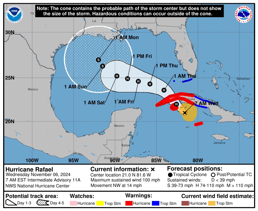 Cono de trayectoria prevista del huracán Rafael. Gráfico: Centro Nacional de Huracanes de Estados Unidos.