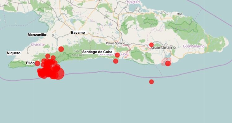 Mapa del Servicio Sismológico Nacional de Cuba con sismos registrados recientemente en la región oriental. Gráfico tomado del perfil de Facebook del Dr. Enrique Arango Arias.