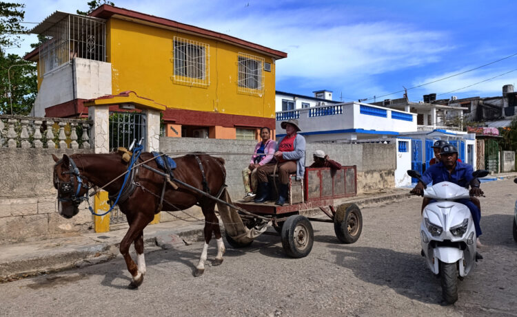 Personas se transportan en un carretón en La Habana. Foto: Ernesto Mastrascusa /EFE.